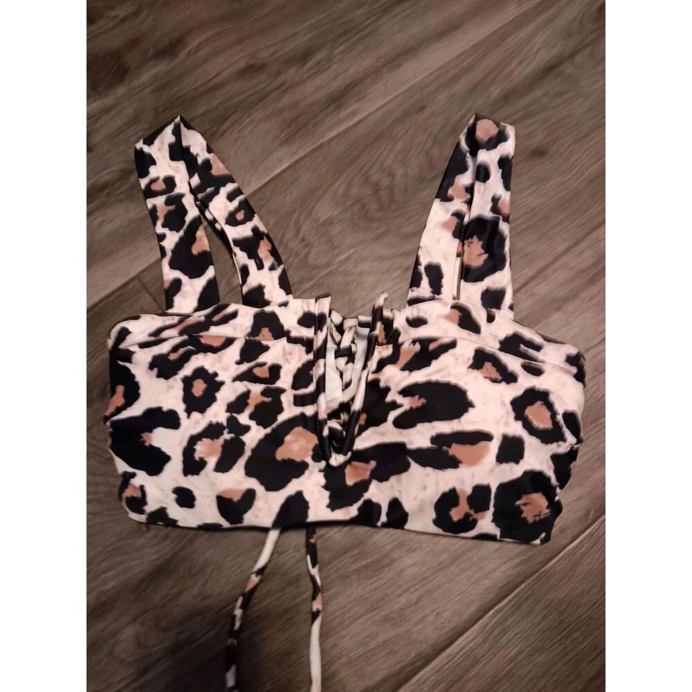 Bikini Top Leopard Print Padded Lace Up Back Women's Sz M